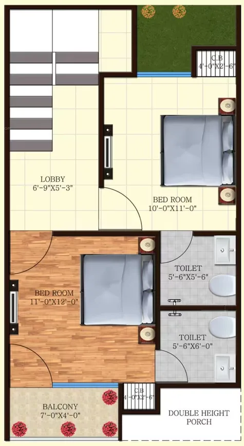 IBP Windsor Valley — Floor plan showing lobby, two bedrooms with dimensions, two toilets, a balcony, and a double height porch.