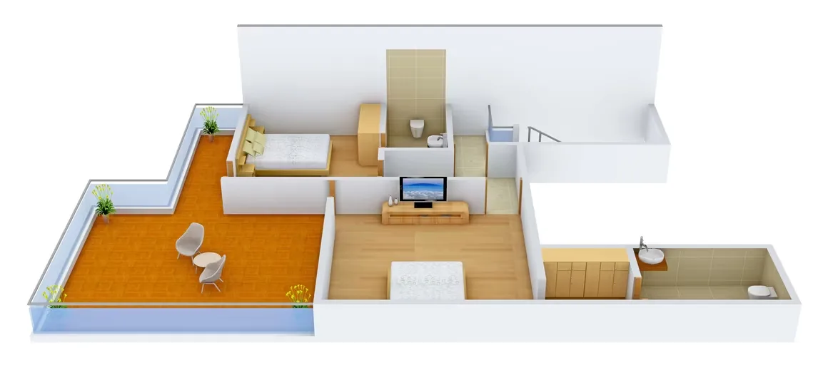Supertech Holiday Village — 3D floor plan of a villa unit showing bedroom, living area, bathrooms, and a terrace with seating.