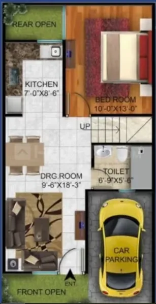 AB Crimson Villa — Floorplan illustration showing layout of kitchen, bedroom, drawing room, toilet, and car parking areas.