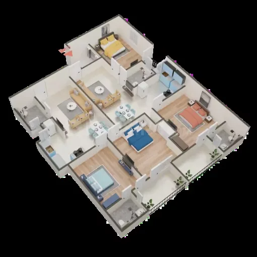 Rudransh Green Vista — A 3D floor plan rendering with furnished rooms including bedrooms, living area, dining area, kitchen, and balconies.