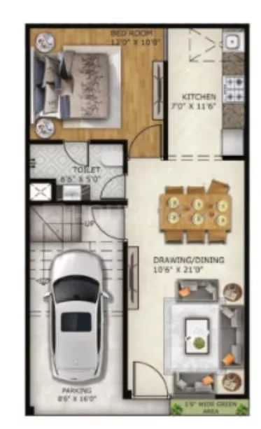 Paradise Palm Villa — Floor plan rendering of a ground floor with bedroom, toilet, kitchen, drawing/dining area, and parking with dimensions.