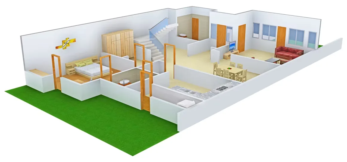 Aadhar Dew Drops Villas — 3D rendered floor plan of a villa showing living area, dining area, kitchen, bedroom, and stairs.