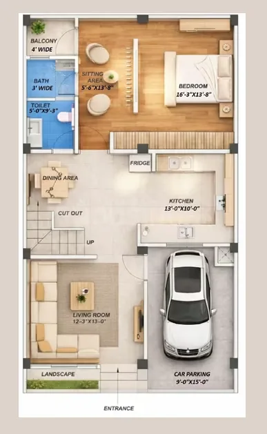 Root2Home Samridhhi Villas — Floorplan illustration showing layout with car parking, living room, dining area, kitchen, bedroom, bath, toilet and balcony.