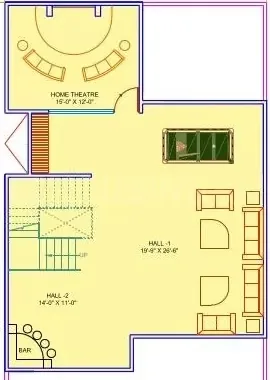 Supertech Golf Country Villas — Floor plan showing a home theatre, two halls, and a bar area with dimensions.