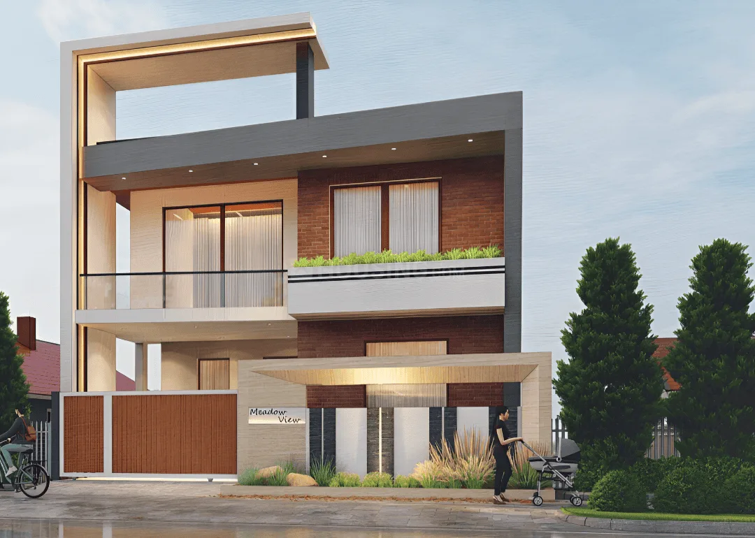 Shivi Grand Avenue Villa — A modern rendered three-story residential villa with a large balcony and brown wooden gate.