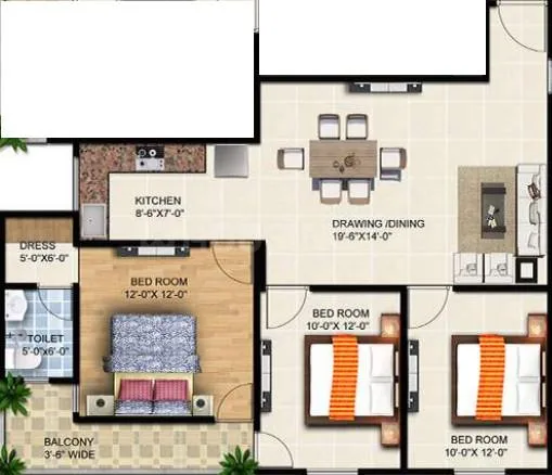 Rudransh Green Vista — Floorplan showing kitchen, drawing/dining, three bedrooms, dress area, toilet, and balcony.