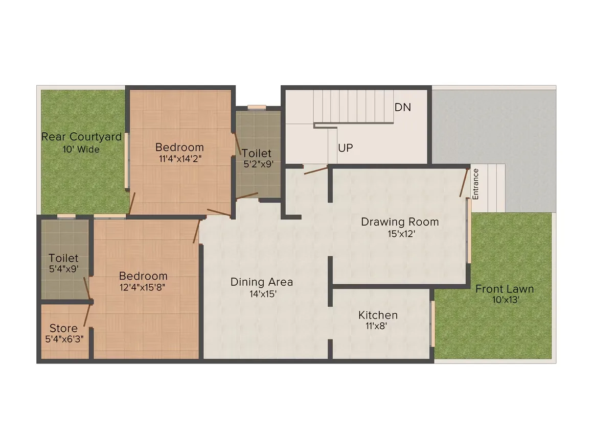 Supertech Holiday Village — Floor plan showing drawing room, dining area, kitchen, two bedrooms, two toilets, store, rear courtyard, and front lawn.