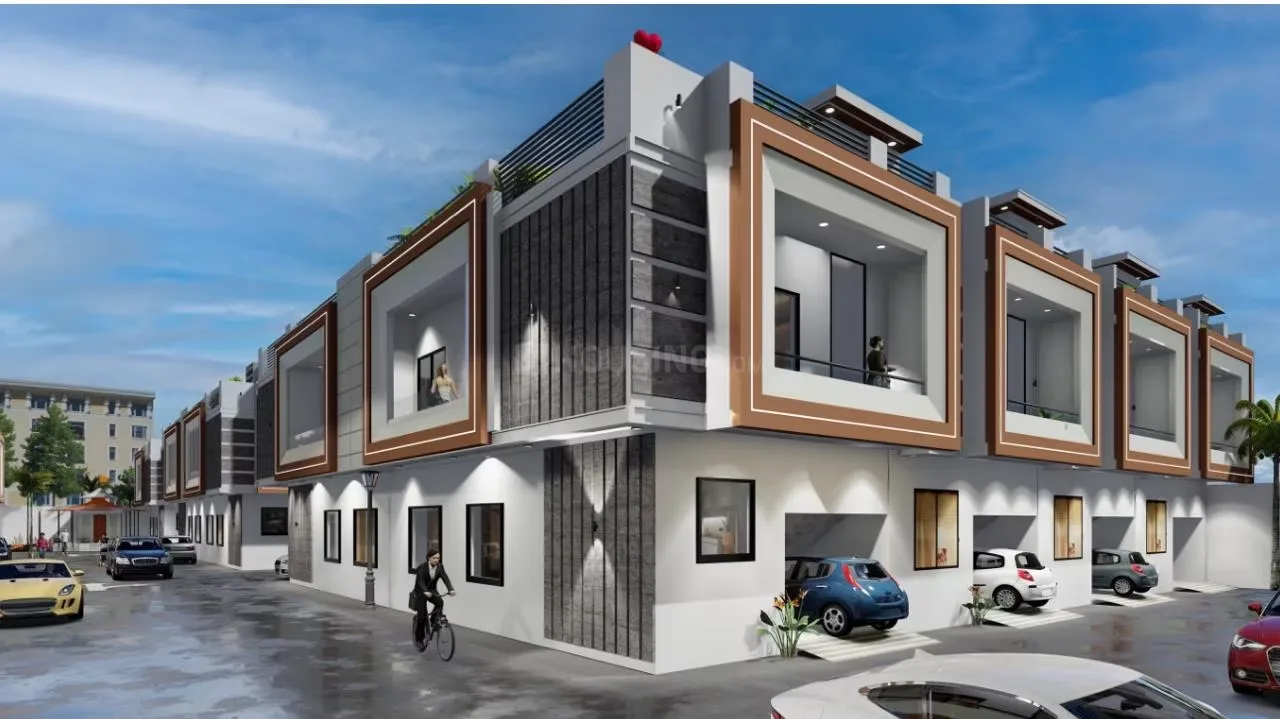 Shiv Krishna Valley — Row of modern villas with white and brown exteriors, large square windows, and car parking spaces