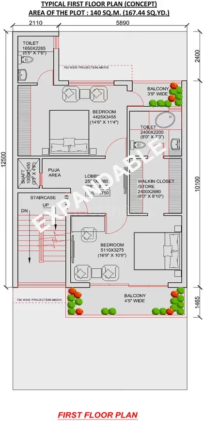 Jaypee Villa Expanza Green Crest Homes — First floor plan of a villa showing two bedrooms, two toilets, a puja area, lobby, walk-in closet, and balconies.