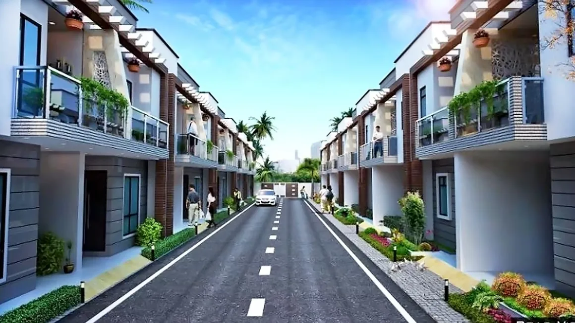 Kamakhya Villas — A 3D rendering of a residential street with modern villas lined on both sides and people and a car.