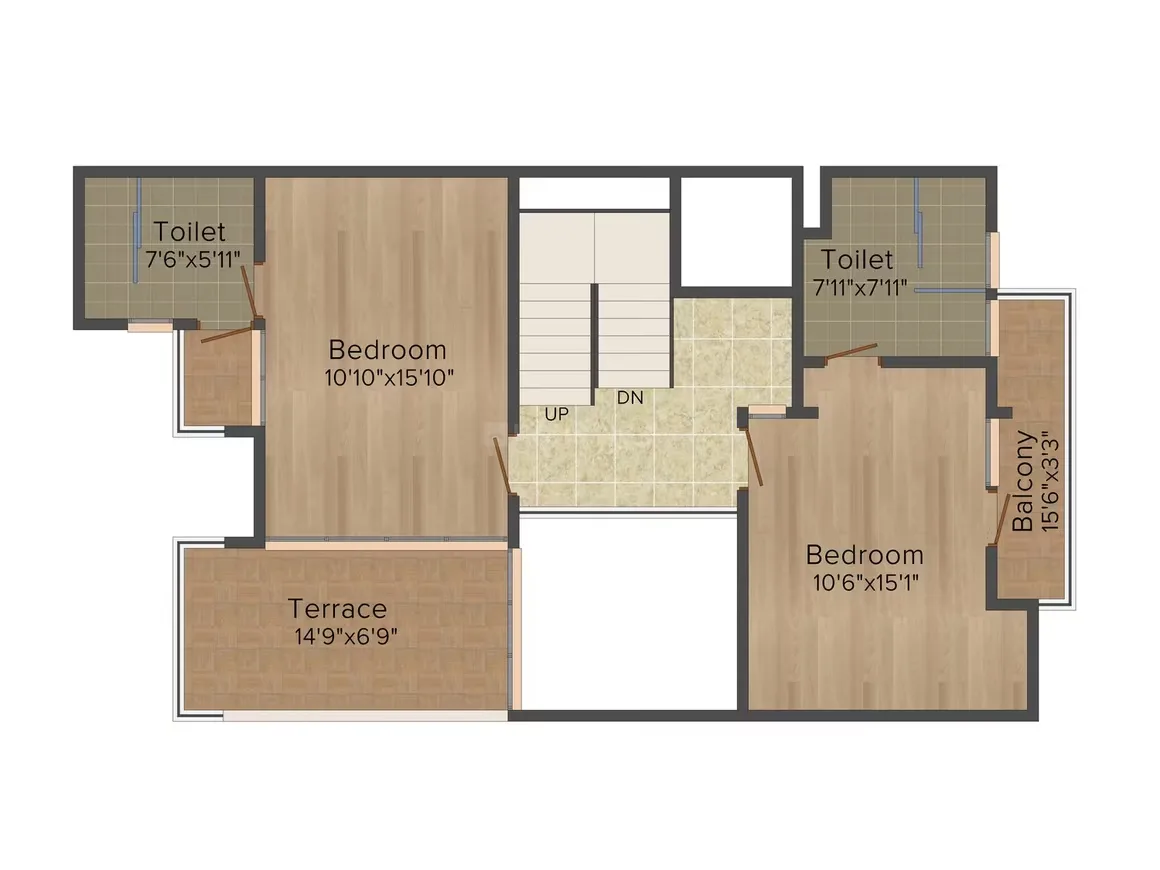 Jaypee Sportsville — Floor plan showing two bedrooms, two toilets, a terrace, a balcony, and a staircase.