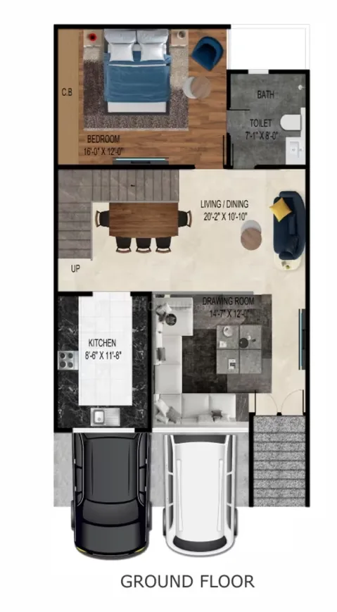 Real Homez Green Villa 2 — Ground floor plan of a villa showing two cars in parking, kitchen, living/dining, drawing room, bedroom, and bathroom.