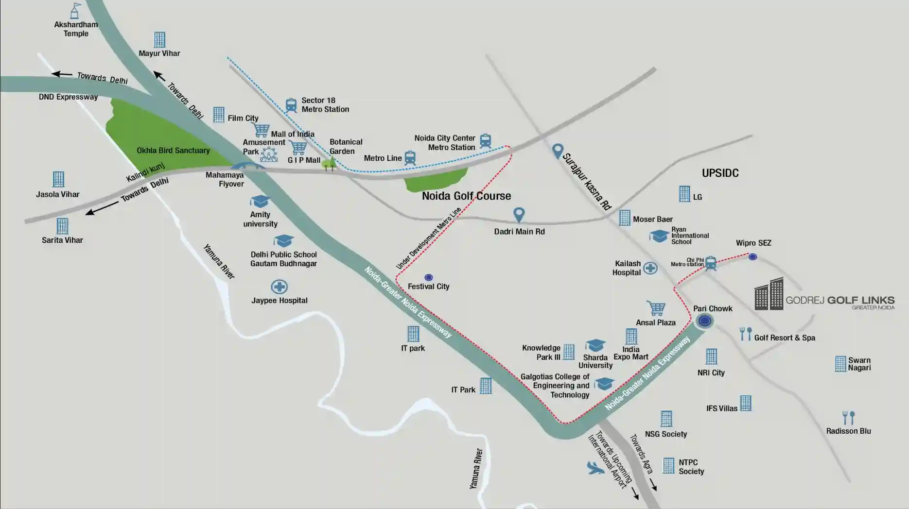 Godrej Evoke location map at Godrej Golf Links, Greater Noida near Pari Chowk, showing Noida-Greater Noida Expressway, metro, universities and mall accessibility.