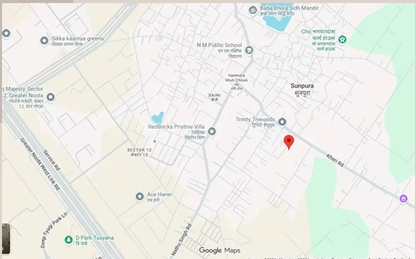 Root2Home Samridhhi Villas — Google Map showing the location of Sunpura, Greater Noida, and surrounding roads and landmarks.