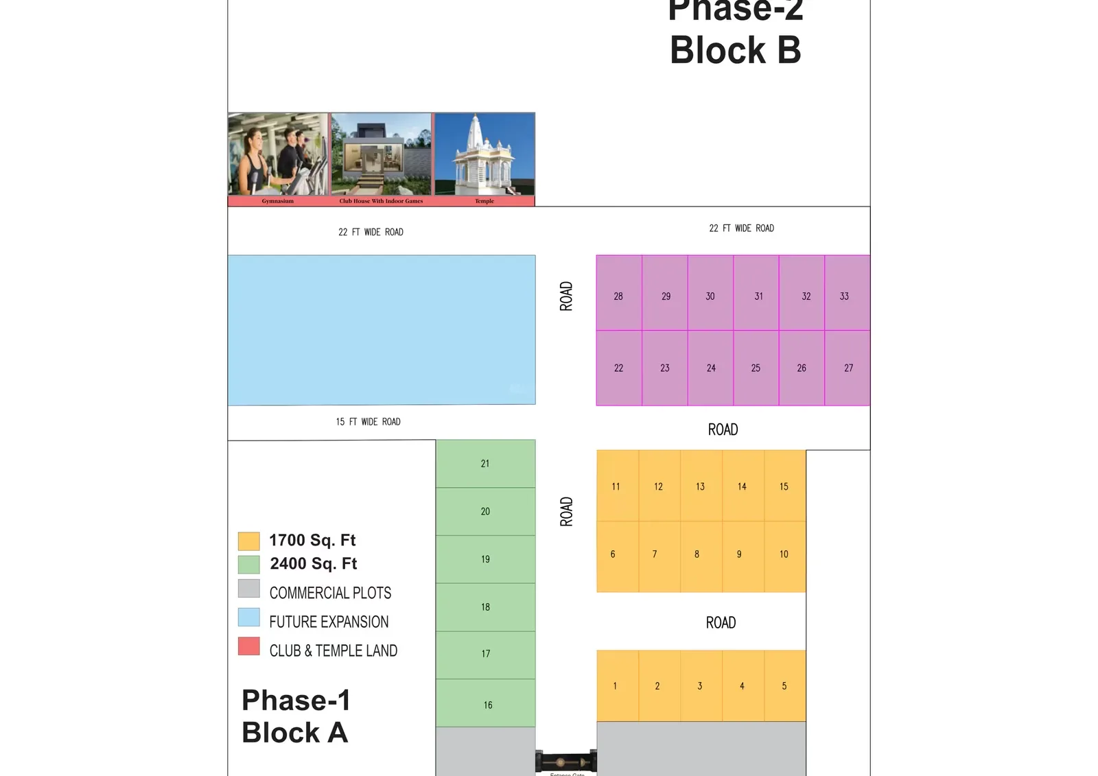 Shri Aroma Villas — Site plan for Phase-1 Block A and Phase-2 Block B, showing plots of 1700 sq ft and 2400 sq ft, commercial plots, future expansion, and club & temple land.
