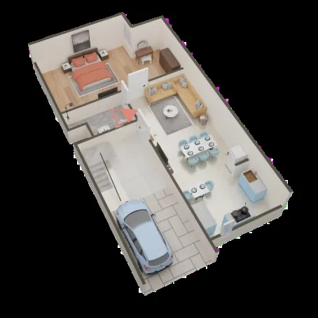 Paradise Shree Ram Vatika — 3D floor plan rendering showing a bedroom, living room, dining area, kitchen, and a car parked in a garage.