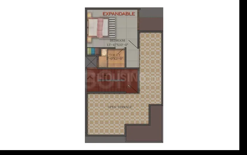 Real Homez Green Villa 2 — Floor plan showing a bedroom with dimensions 13'-4"x10'-0", a toilet 7'-0"x5'-0", and an open terrace.