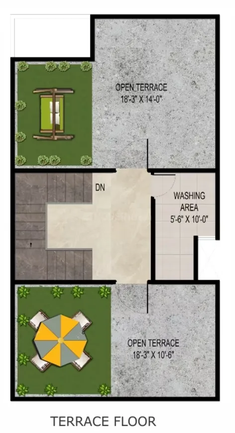 Real Homez Green Villa 2 — Floorplan for a terrace level showing two open terraces, a washing area, and stairs.