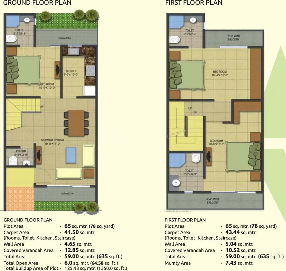 Gaurs 2nd Park View — Floor plan showing ground and first floors with dimensions for rooms, kitchen, toilets, and balconies.