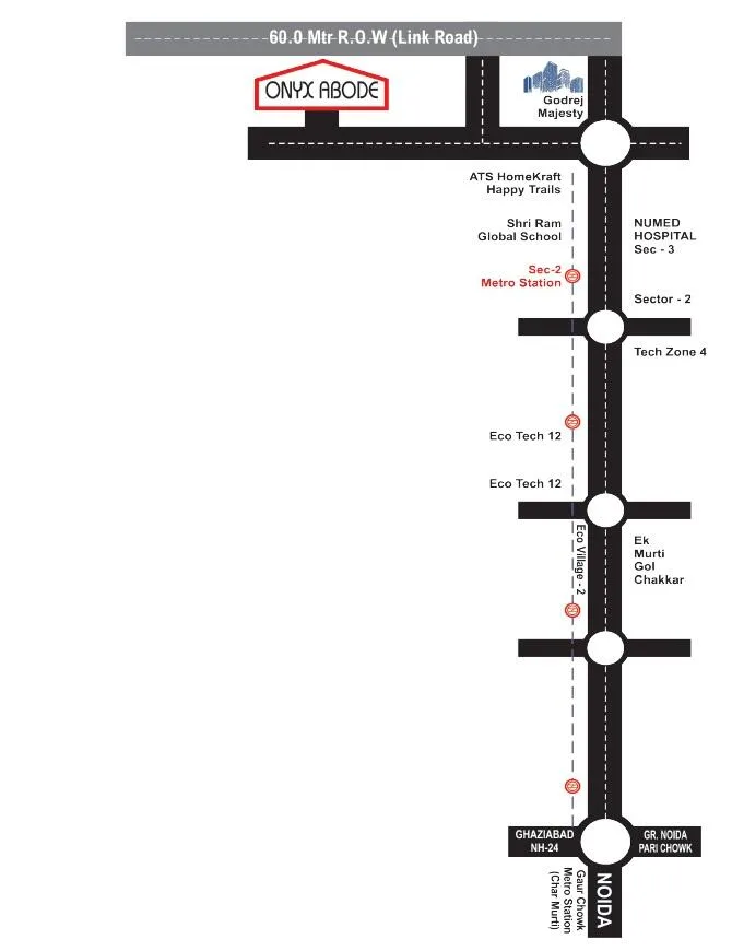 Primagic Onyx Abode — Location map showing Onyx Abode, Godrej Majesty, ATS HomeKraft Happy Trails, Shri Ram Global School, NUMED Hospital, Metro Station.