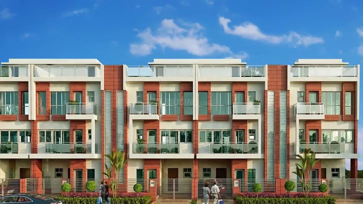 Jaypee Sportsville — A modern rendered row of residential villas with balconies and a clear blue sky overhead.