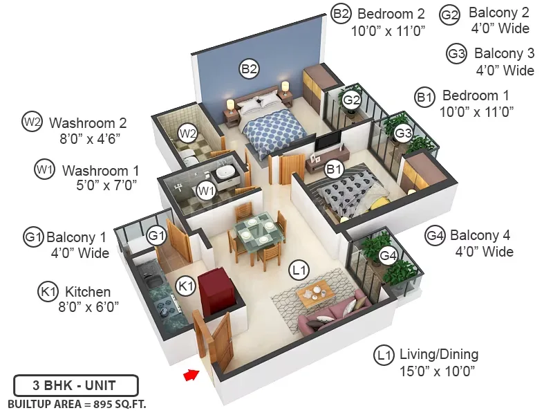 Ajnara Sports City Villas — A 3D floorplan rendering of a 3 BHK unit with 2 bedrooms, 2 washrooms, kitchen, living/dining area, and 4 balconies.