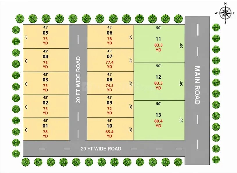 CGS Villas — Site plan with 13 numbered plots, roads, and green spaces. Plot dimensions and areas are indicated.