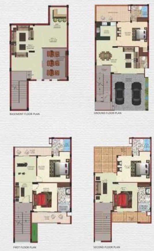 Supertech Golf Country Villas — Floor plans for basement, ground, first, and second levels of a residential villa.