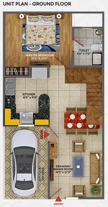 Pride Villas — Ground floor unit plan with master bedroom, toilet, kitchen, parking, and drawing/dining room indicated with dimensions.