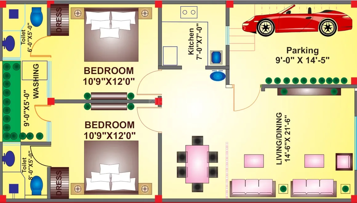 Sanskriti Garden Villas — Floor plan showing two bedrooms, kitchen, living/dining area, two toilets, washing area, and parking with dimensions.