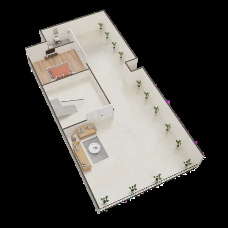 Paradise Krishna Vatika Luxurious Villas — 3D floor plan illustration of a residential unit with living room, bedroom, and long balcony