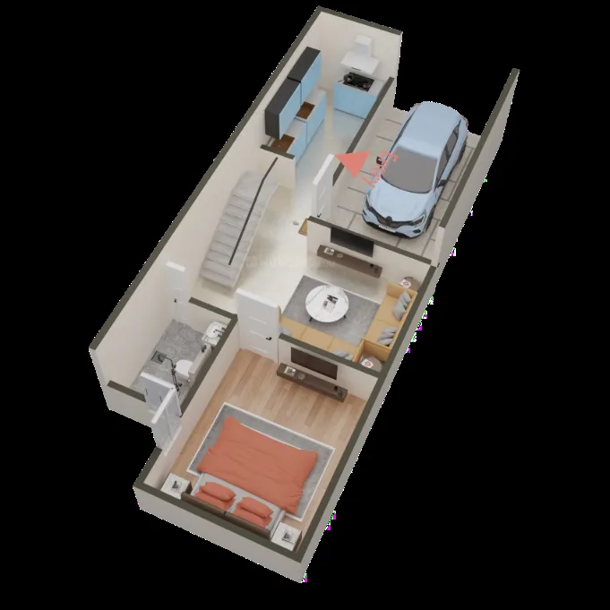 Golden Shri Ram Villas — 3D floor plan rendering of a residential unit showing a bedroom, living area, kitchen, bathroom, stairs, and parking.