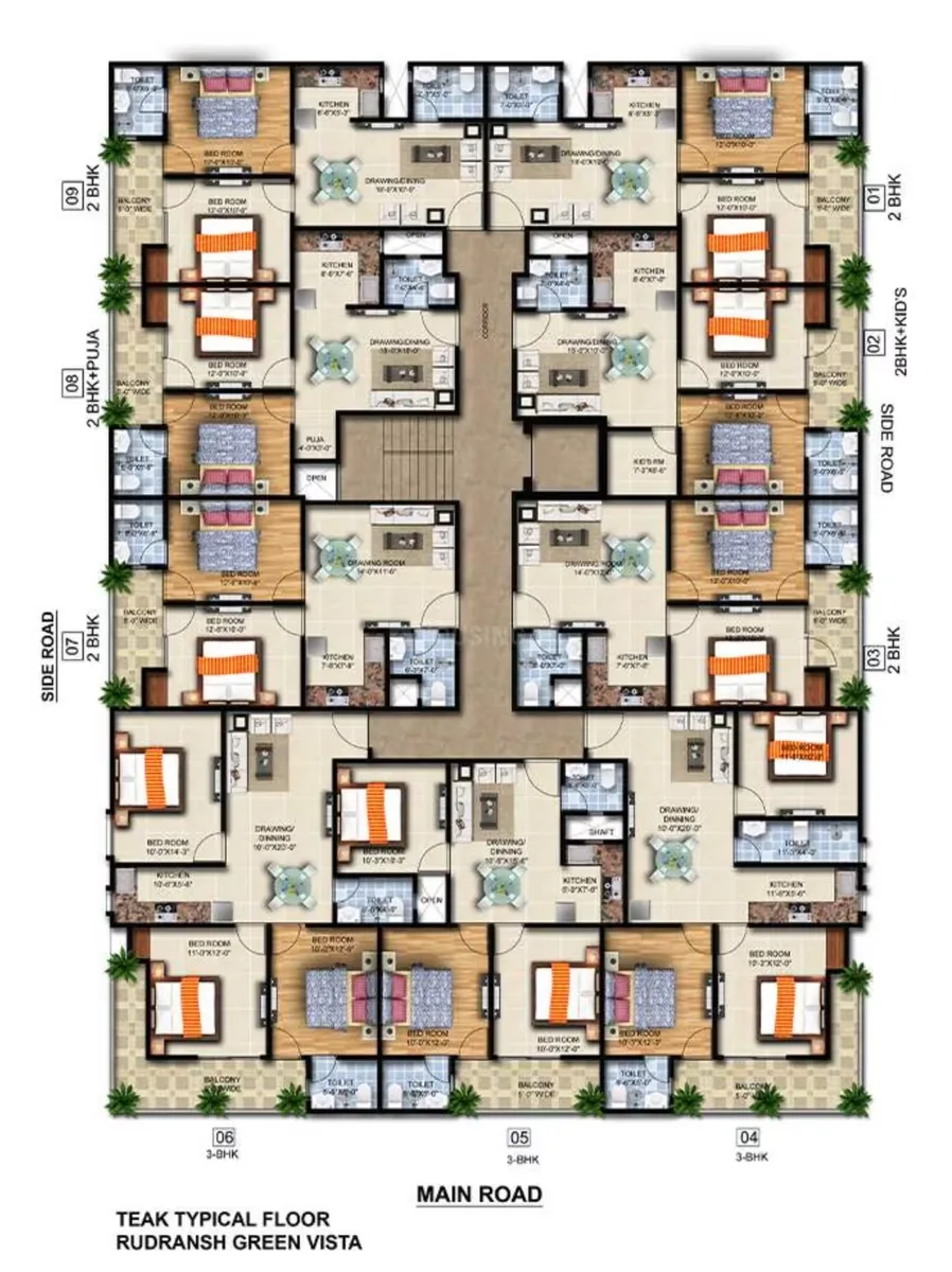 Rudransh Green Vista — A floor plan showing multiple 2BHK and 3BHK units, some with puja rooms or kid's rooms, arranged around a central corridor.