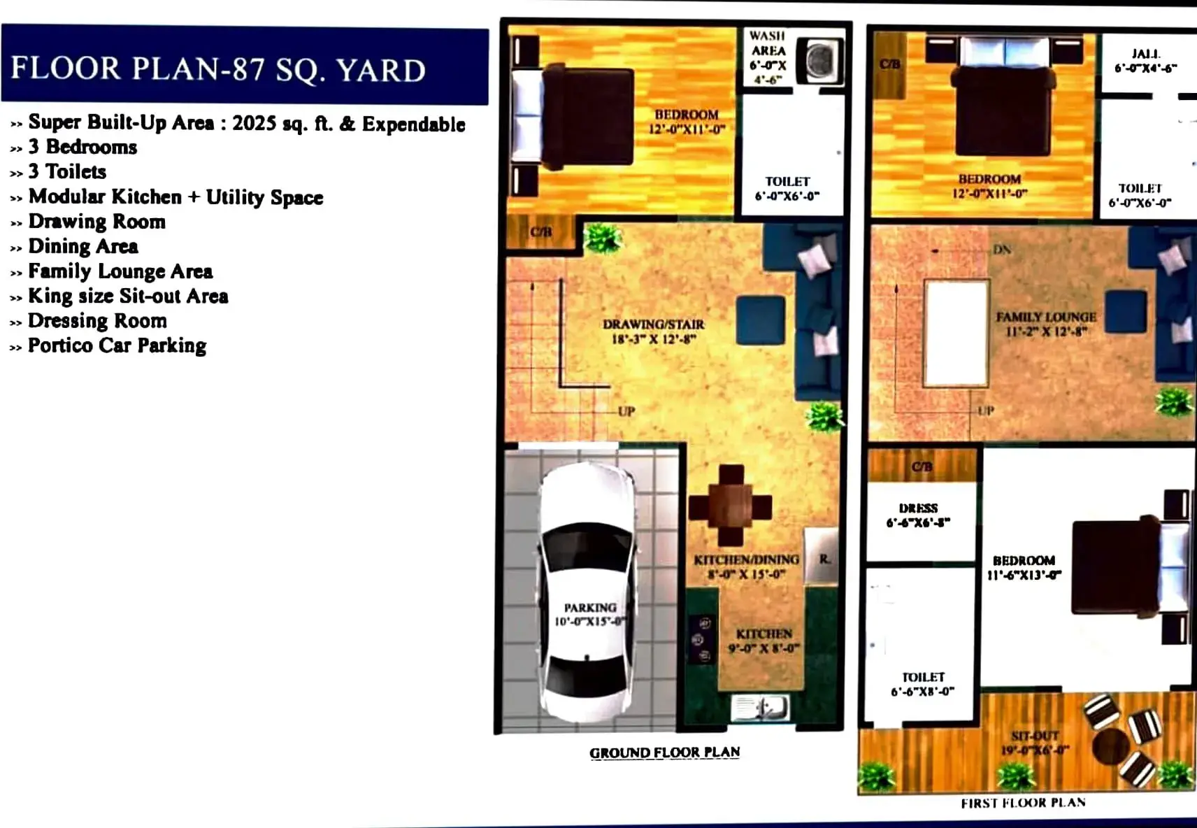 Balaji Green Villas 87 sq yd 3BHK floor plan with ground and first floor