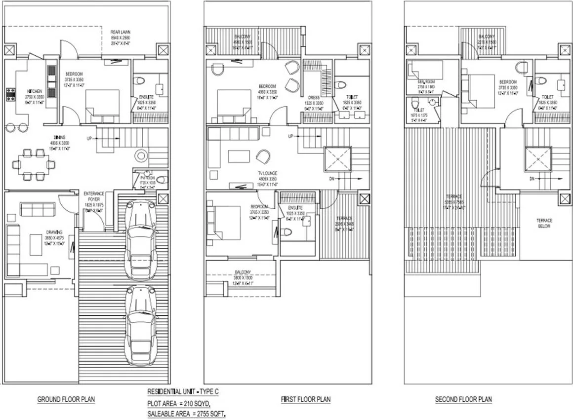 Intellicity Phase I — Floor plan drawing for Residential Unit - Type C, showing ground, first, and second floor layouts with dimensions.