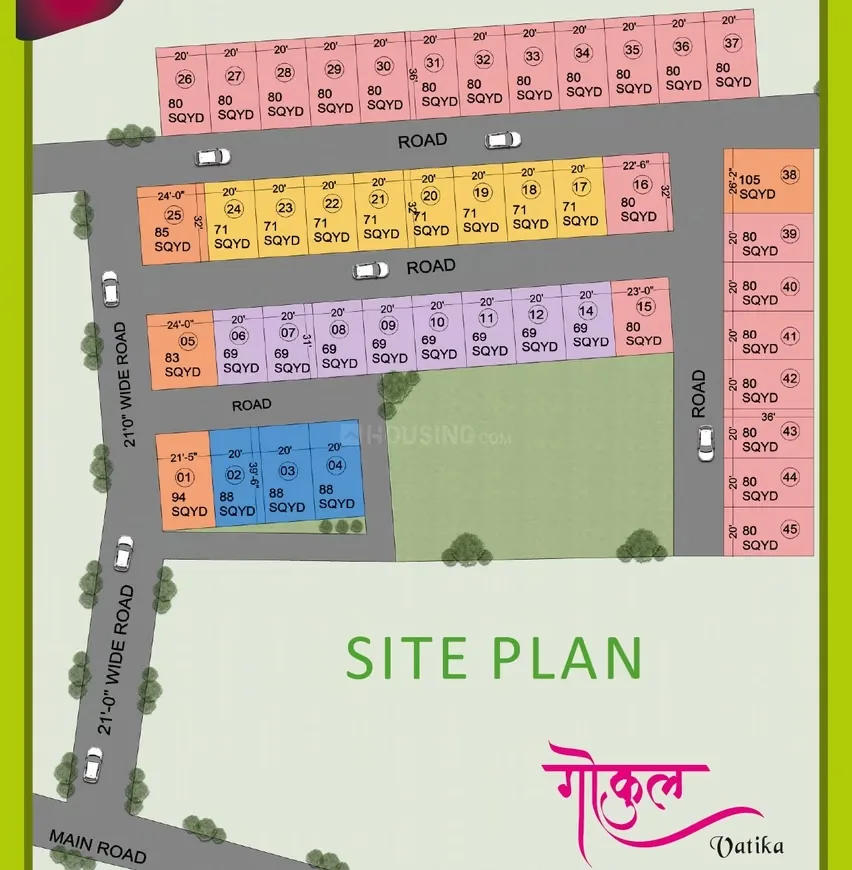 Paradise Gokul Vatika — Site plan showing plot numbers, dimensions in feet, and area in square yards along roads