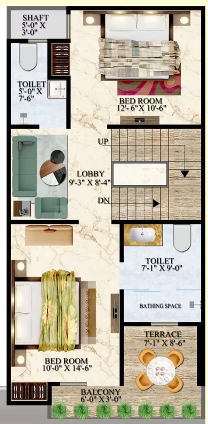 IBP Windsor Valley — Floor plan rendering of a residential unit with two bedrooms, two toilets, a lobby, a balcony, and a terrace.