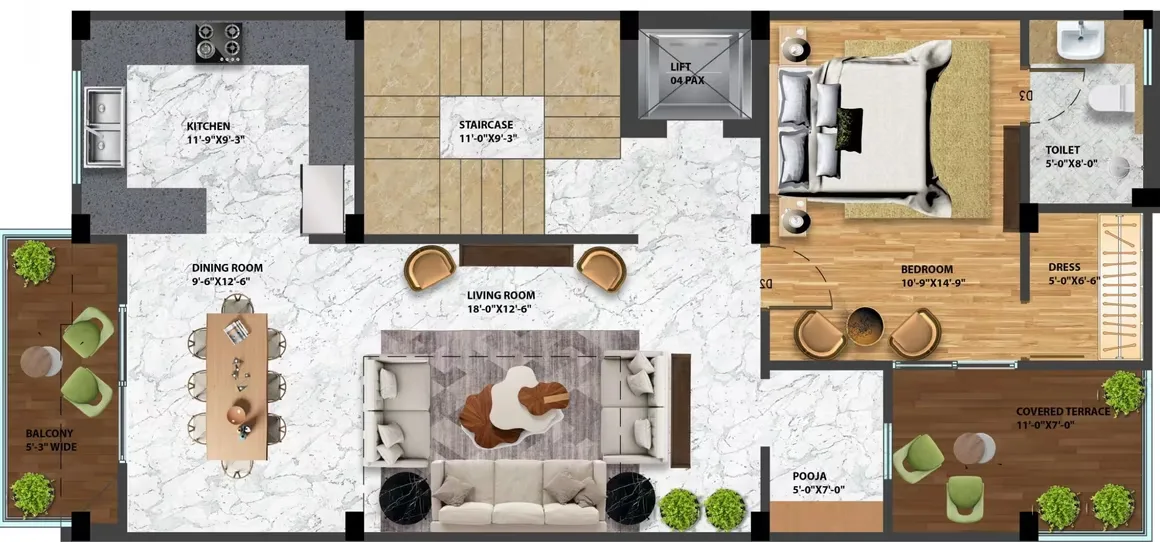 Escon Panache Villas — Floorplan showcasing kitchen, dining room, living room, balcony, staircase, bedroom, dress area, toilet, pooja and covered terrace.