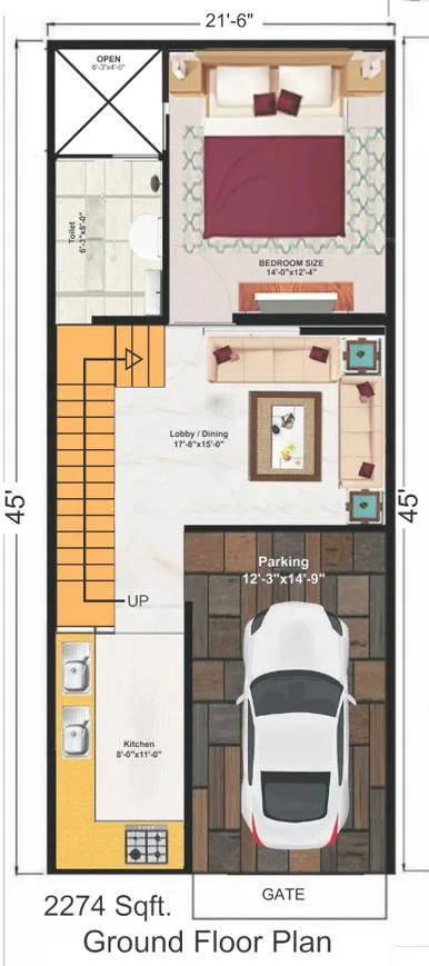 Golden Shri Ram Villas — Ground floor plan of a 2274 Sqft residential unit with dimensions 21'6" by 45'. It features a parking area, kitchen, lobby/dining, toilet, and a bedroom.