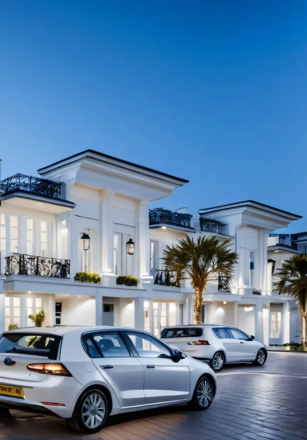 Rohit Tulsi Vatika Royal Villas — Row of modern white villas with ornate balconies and palm trees, two white cars parked in front