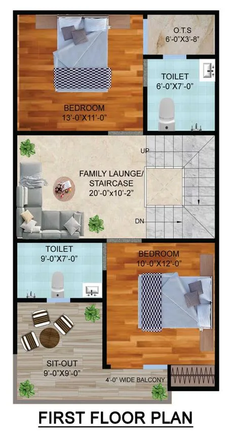 Jamston Metro Villas — First floor plan of a villa showing two bedrooms, two toilets, a family lounge/staircase, a sit-out, a balcony, and an OTS.