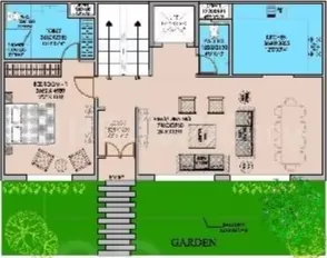 Ajnara Sports City Villas — Floorplan drawing showing a ground floor with garden, living area, dining, kitchen, bedroom, and two bathrooms