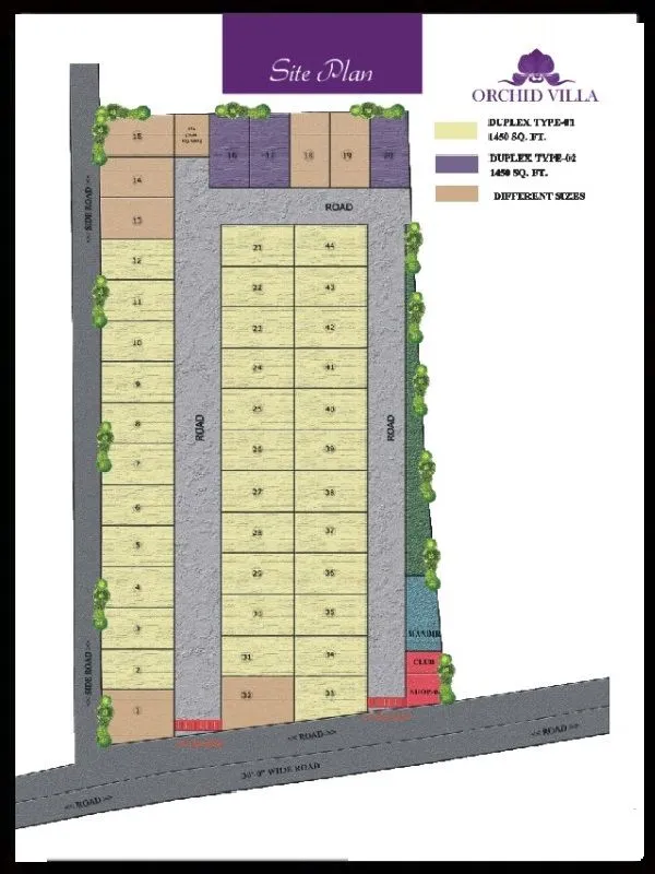 NCR Orchid Villas site plan showing duplex plot layout and internal roads