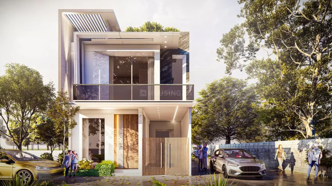 Dagar Ashiyana Villa 2 — A modern two-story villa render with a balcony, large windows, an entrance gate, and cars parked outside.