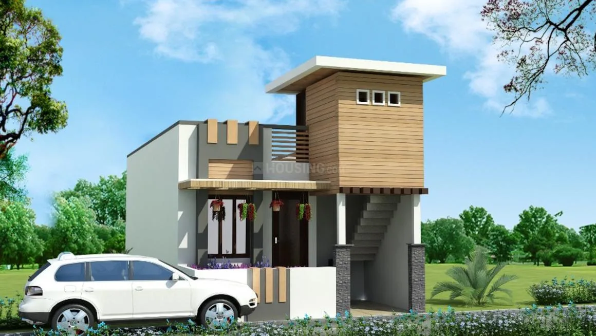 OMR Green Homes — A modern rendered two-story villa with a white car parked in front, set against a backdrop of trees and blue sky.