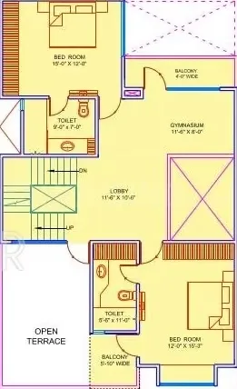Supertech Golf Country Villas — Floor plan showing two bedrooms, two toilets, a lobby, a gymnasium, an open terrace and two balconies.