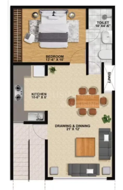 Aayansh Enclave — Floor plan showing a bedroom, toilet, kitchen, and drawing & dining area with dimensions.