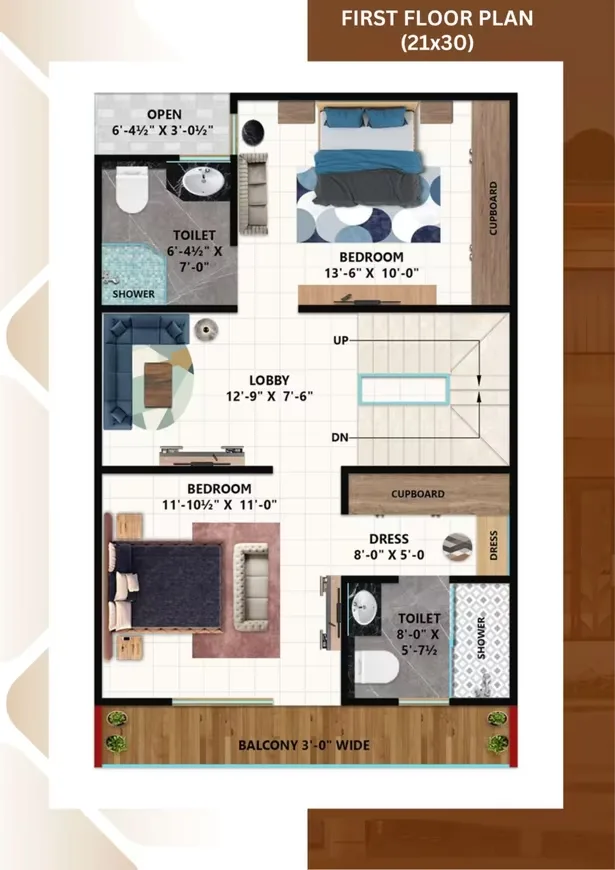 Yuvraj Villa — First floor plan (21x30) with two bedrooms, two toilets, a lobby, a dress area, and a balcony.