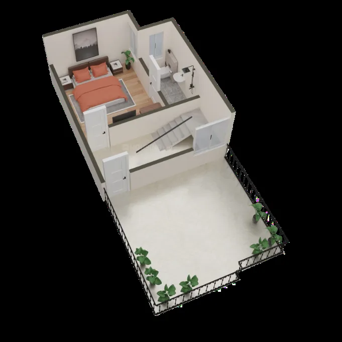 SK Sunshine Villa — 3D floor plan illustration of a bedroom with an attached bathroom, staircase, and an open balcony