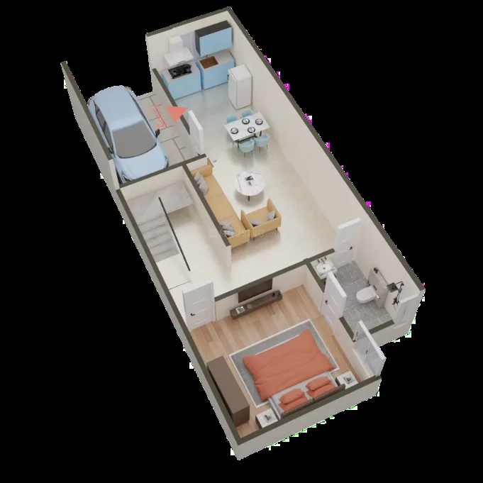Rohit Tulsi Vatika Royal Villas — A 3D rendering of a villa floor plan showing a car parked in a garage, a living room, a kitchen with dining area, a bedroom, and a bathroom.